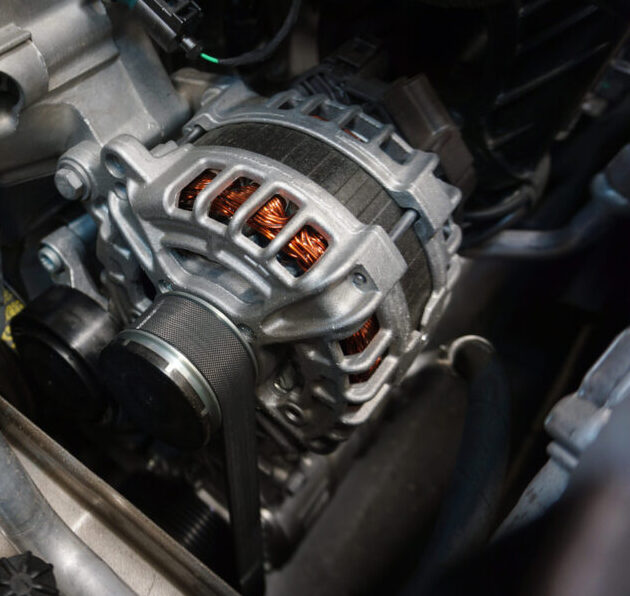 Close-up of a vehicle's alternator, showcasing detailed repairs and replacement services, including starter motor repairs.